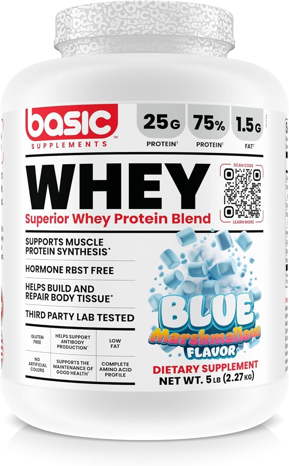 Whey Protein Powder, 25g Protein, Complete Amino Acid Profile, Gluten-Free, Low Fat, RBST-Free, Supports Muscle Recovery & Antibody Health (5 Pound, Blue Marshmallow)
