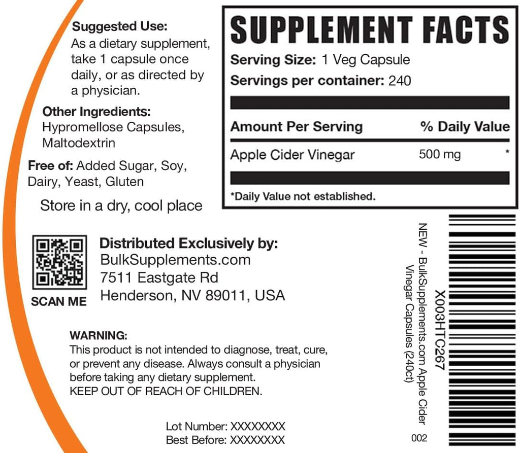 BulkSupplements.com Apple Cider Vinegar Capsules - ACV Capsules, Apple Cider Vinegar Supplements, Apple Cider Vinegar 500mg - Gluten Free, Capsule per Serving, 240 Capsules (Pack of 1)