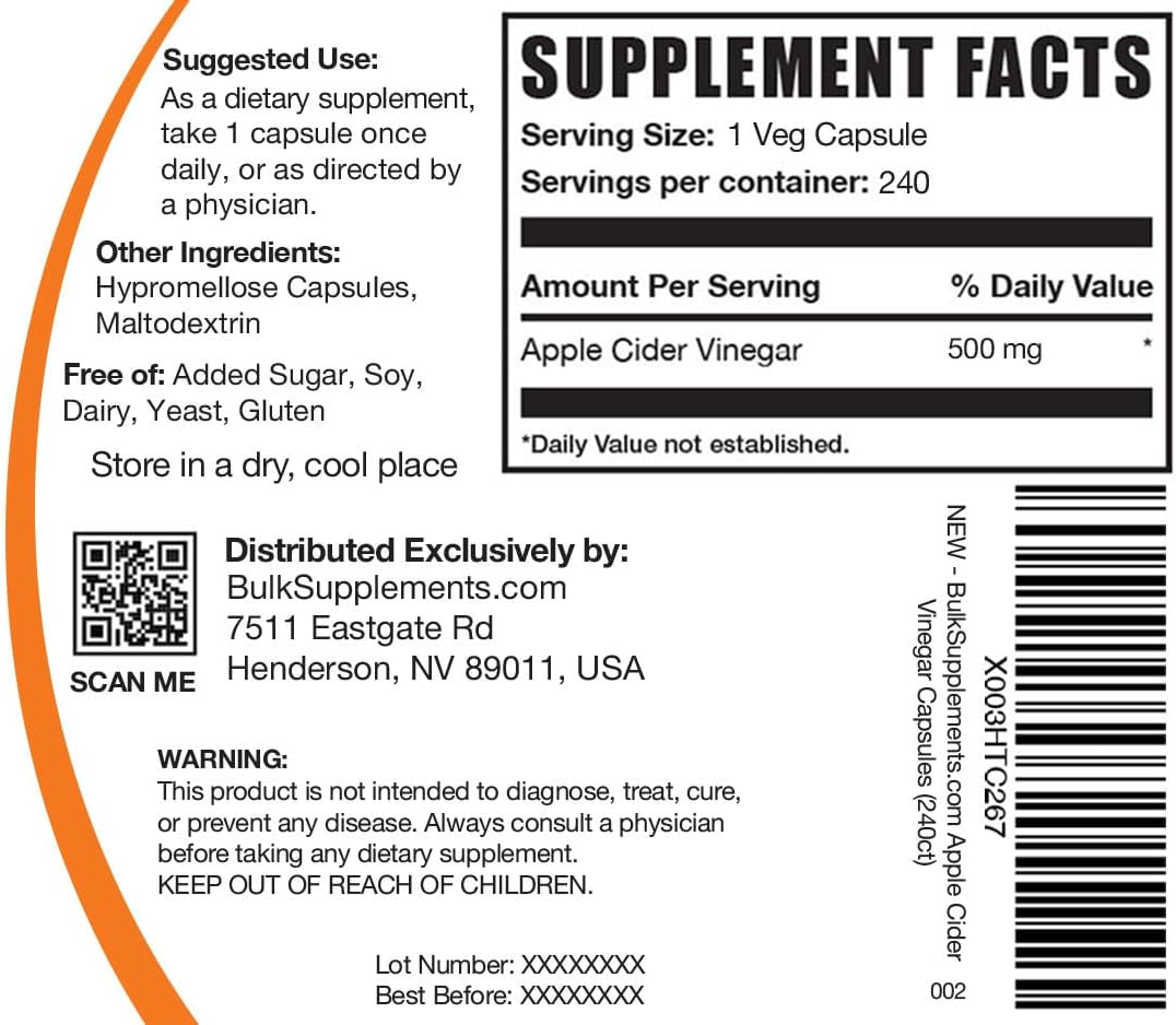 BulkSupplements.com Apple Cider Vinegar Capsules - ACV Capsules, Apple Cider Vinegar Supplements, Apple Cider Vinegar 500mg - Gluten Free, Capsule per Serving, 240 Capsules (Pack of 1)