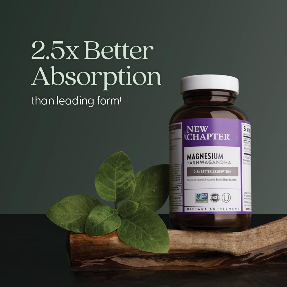 New Chapter Magnesium + Ashwagandha Supplement, 325 mg with Magnesium Glycinate for Muscle Relaxation & Recovery, Heart, Nerve & Bone Health, 2.5X Absorption, Non-GMO - 30 ct (1 Month Supply)