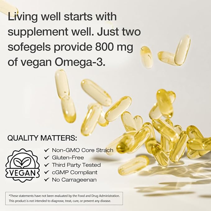 Vegan Omega 3 DHA Supplement - Algae Oil, Plant Based DHA 800mg, Carrageenan Free, Replacement for Fish Oil, Supports Heart, Brain, Joint Health - 60 Softgels