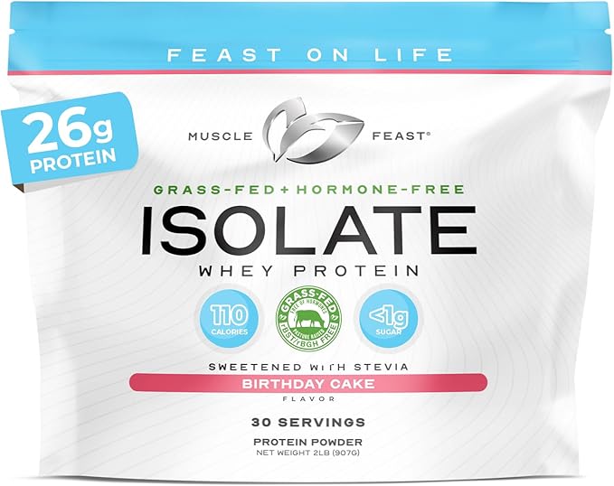 Muscle Feast Grass-Fed Whey Protein Isolate, All Natural Hormone Free Pasture Raised, Whey Isolate Protein Powder for Men and Women, Clean, Gluten-Free, Delicious Isolate Protein - Birthday Cake, 2lb
