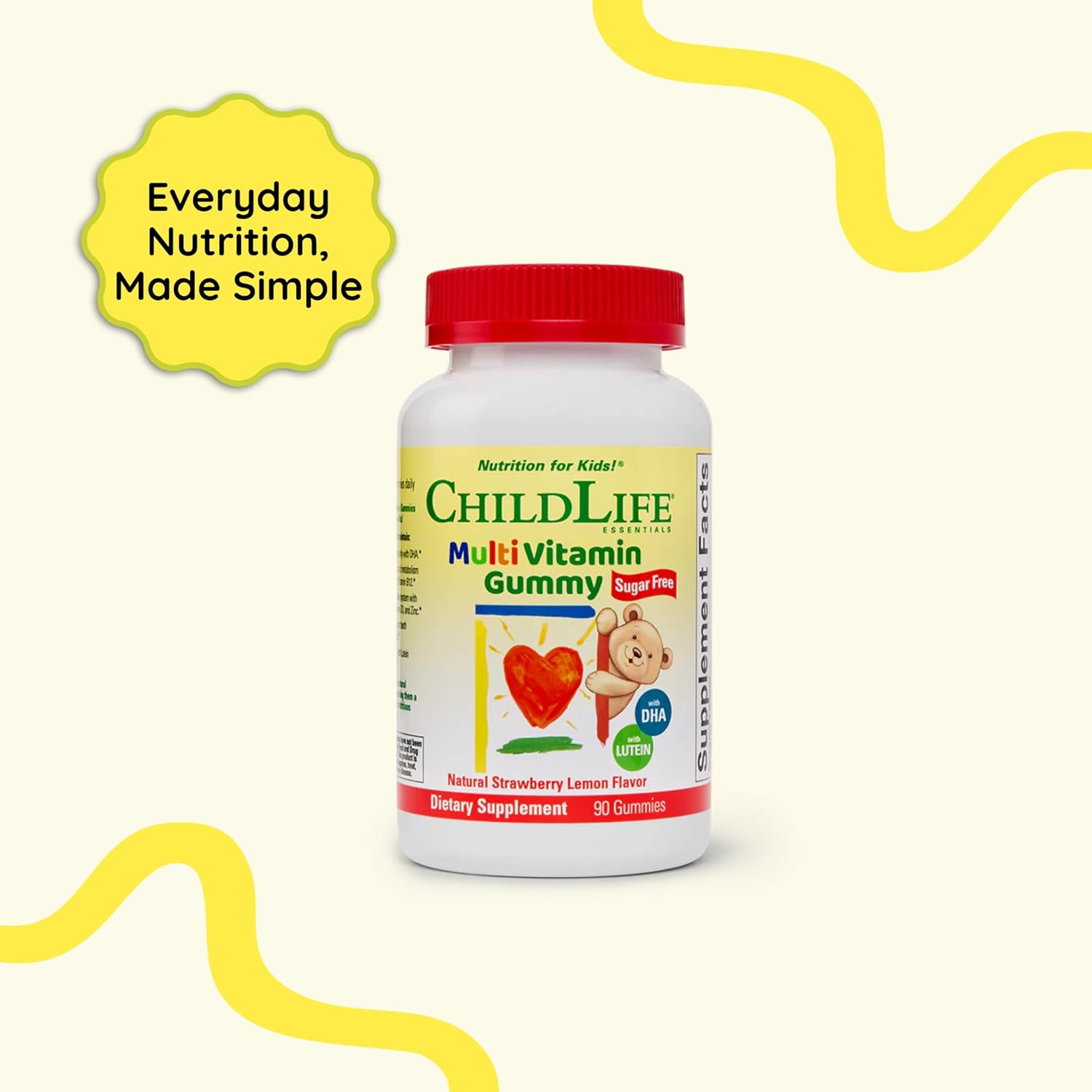 CHILDLIFE ESSENTIALS Multivitamin Gummies for Kids - Children's Vitamins, Kids Multivitamins with DHA, Sugar Free - Natural Strawberry, 90 Count
