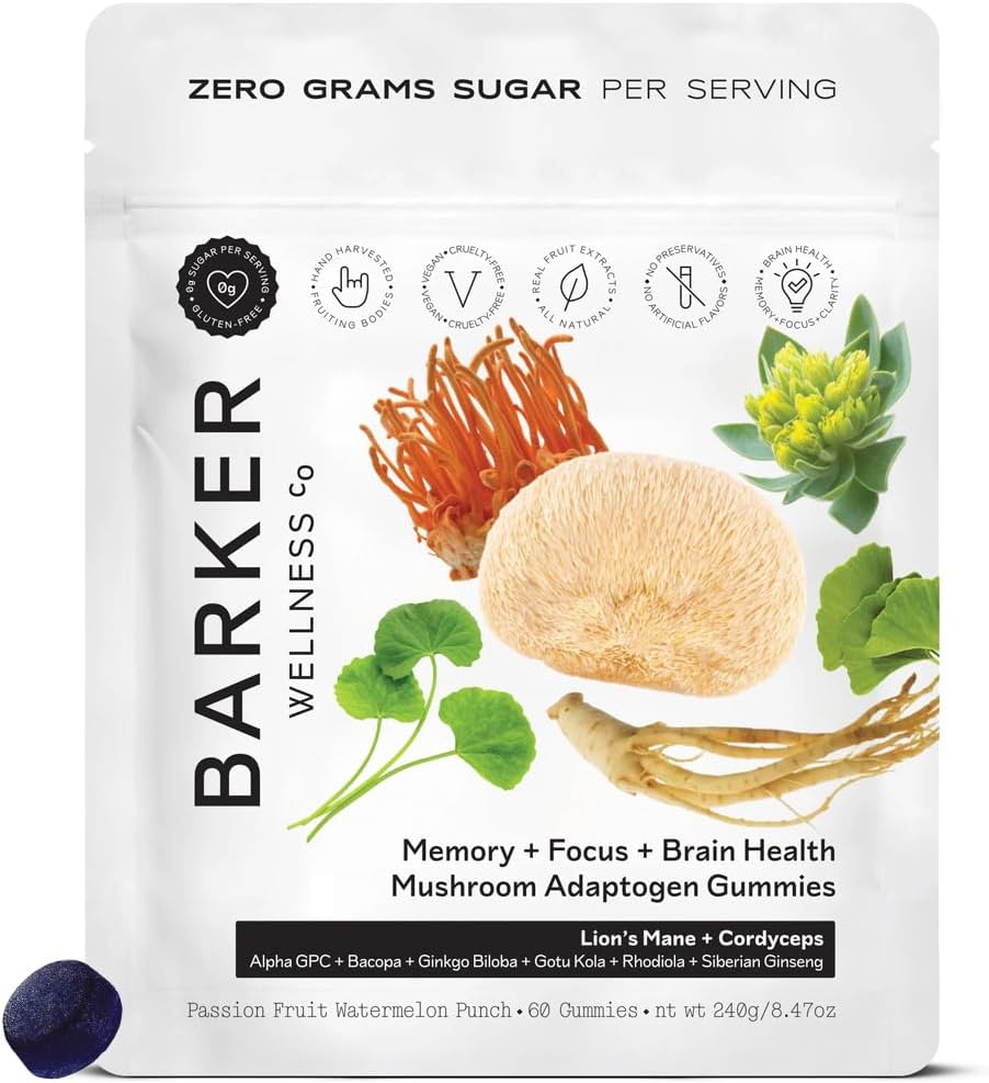 Barker Wellness Mushroom Adaptogen Gummies | Memory, Focus & Brain Health | Lions Mane, Cordyceps, Cognizin | Vegan, Sugar-Free | Passion Fruit Watermelon Flavor | 60 Gummies