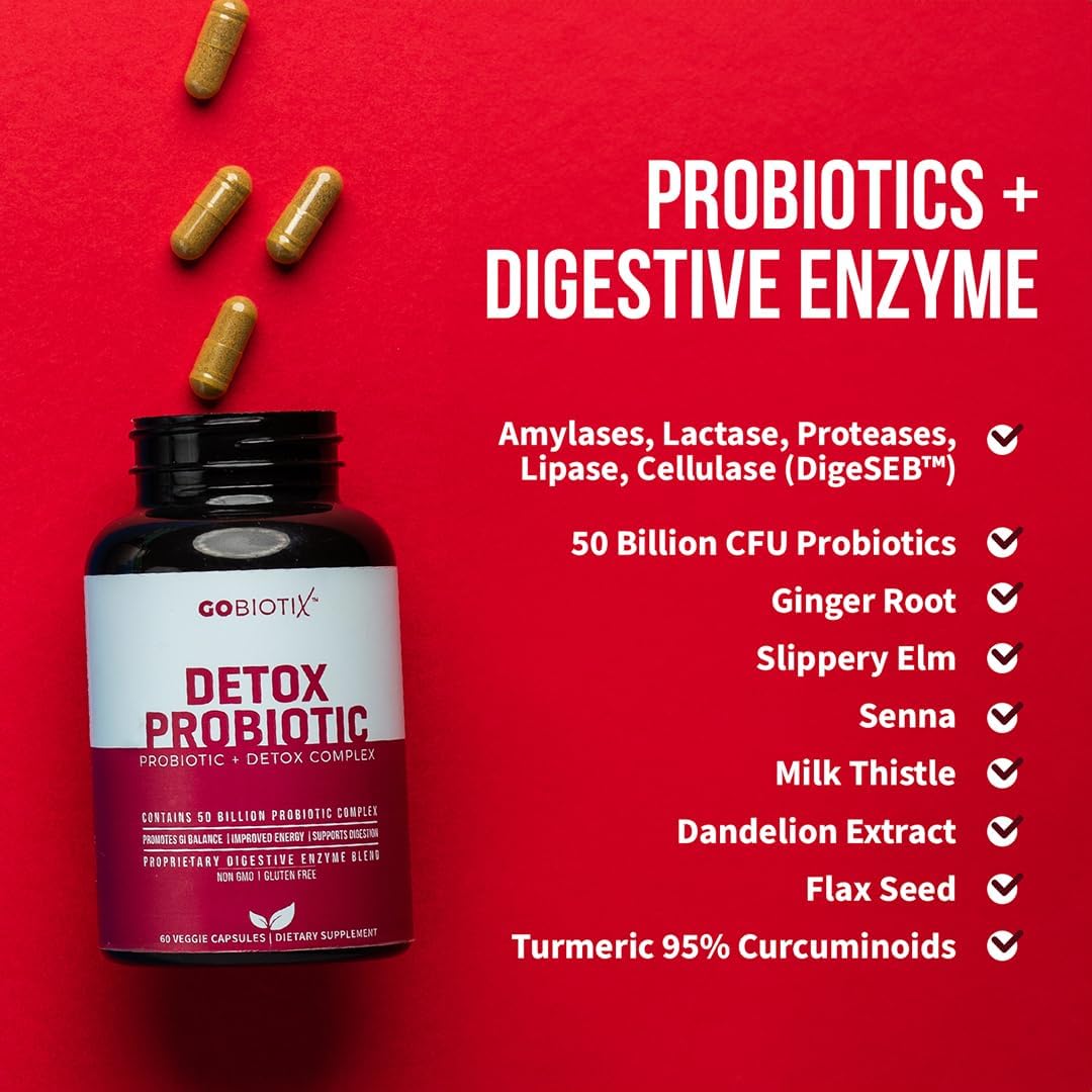 GOBIOTIX Detox Probiotic Supplement for Digestive Health - Milk Thistle, Turmeric, and Dandelion Root, Enzymes for Gut Health - 50 Billion CFU - 60 Capsules