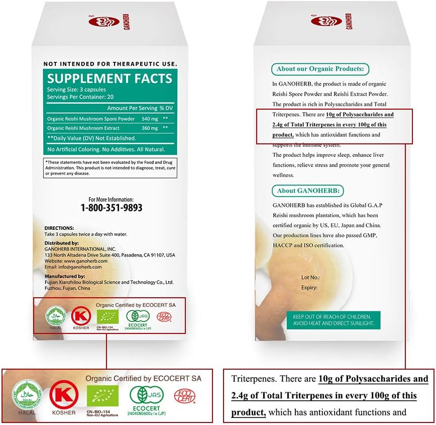 Organic Reishi Mushroom Spore Plus Capsules with 100% Ganoderma Lucidum Spore Powder+ Extract, Vegan, All Natural, Non-GMO & Gluten Free, 60 Veggie Capsules