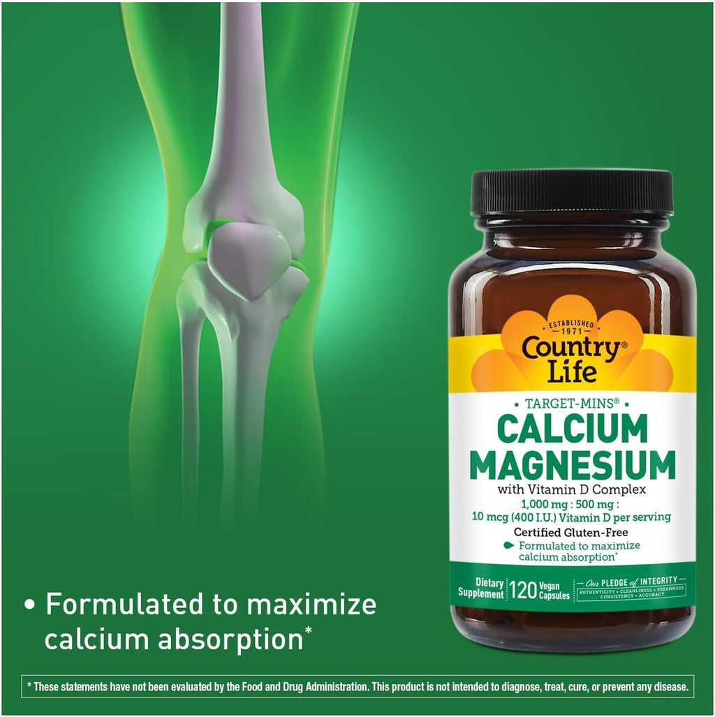 Country Life Target-Mins Calcium Magnesium with Vitamin D-Complex, 1000mg/500mg/10mcg, 120 Vegan Capsules, Certified Gluten Free, Certified Vegan, Verified Non-GMO Verified