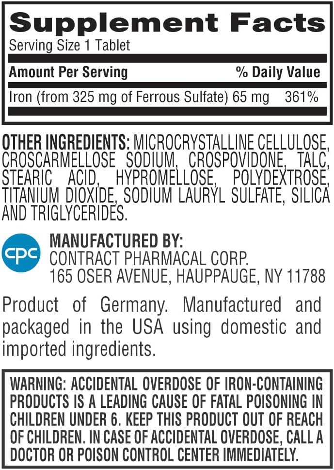 Earth's Splendor Iron 65mg USP, 325mg Ferrous Sulfate Tablets - Energy Production, Oxygen Transportation, Overall Health - 3 Month Supply