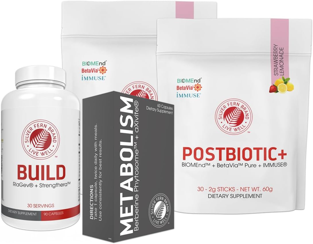 Silver Fern Brand Supplement Bundle – Build, Metabolism & POSTBIOTIC+ – Gut, Immune & Muscle Support – 90 + 60 Capsules & 30 Sticks – Energy, Recovery, Digestive Health – Strawberry Lemonade