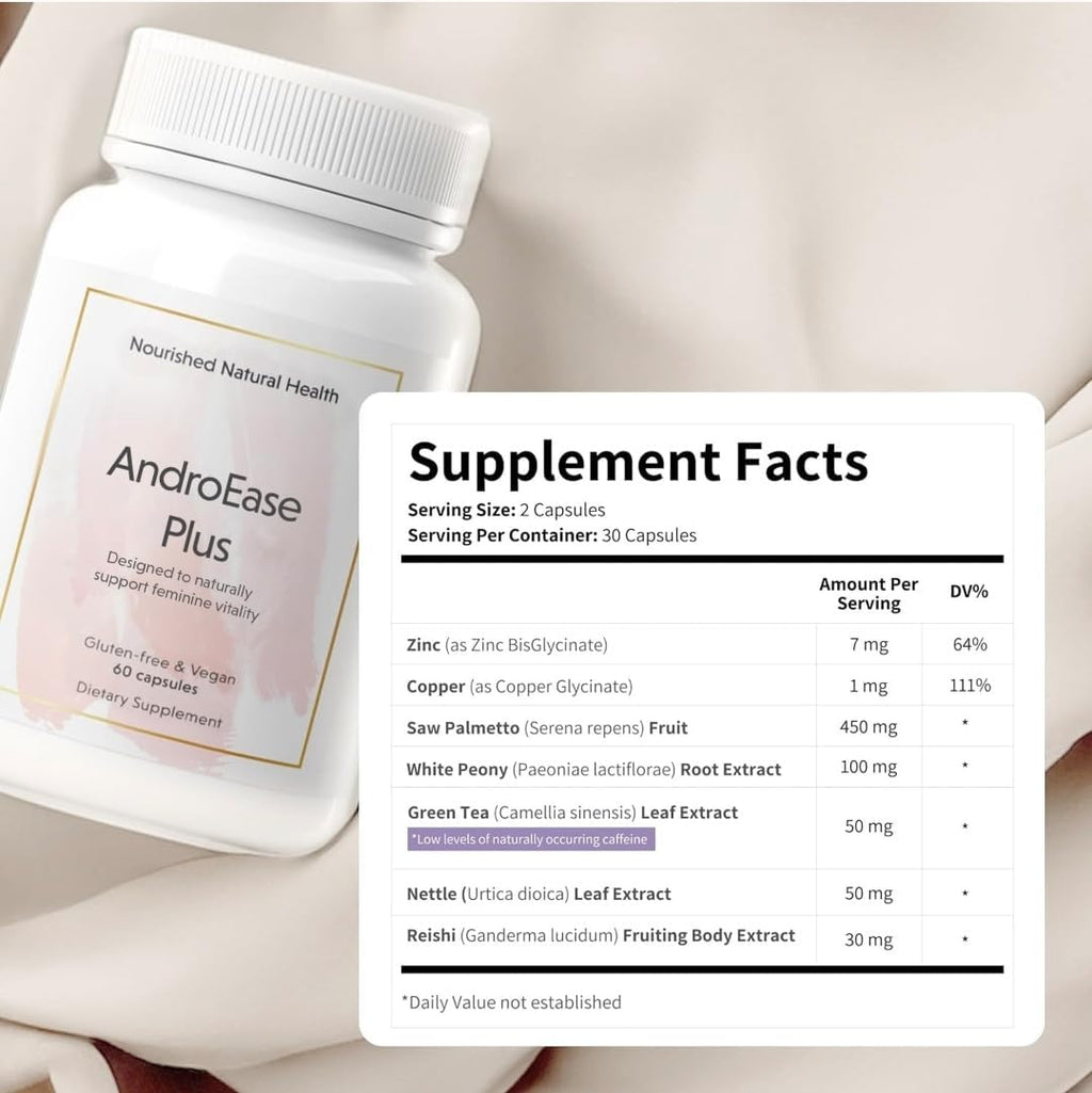 Nourished AndroEase Plus - Natural Balance Supplement for Women - Vegan Formula with Zinc & Saw Palmetto -360 Capsules for Daily Wellness & Vitality - Made in USA