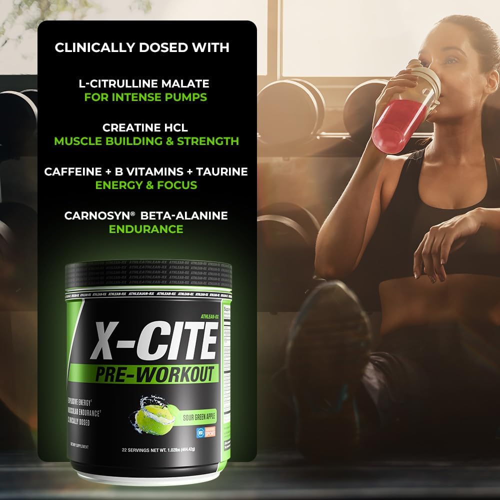 X-CITE Pre-Workout by ATHLEAN-X - Enhanced Formula with Beta-Alanine, Creatine & Caffeine for Ultimate Energy, Endurance, Focus & Muscle Pump, NSF Certified for Sports (22 Servings, Sour Green Apple)