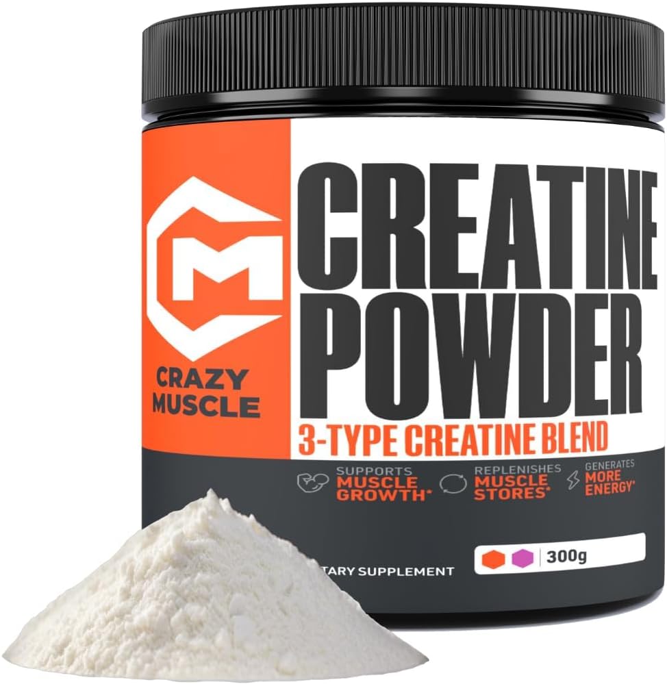 Crazy Muscle Creatine Monohydrate Powder, 5000mg Premium 3X ThreeAtine Pre Workout Mass Gainer, High Absorption Easy to Take Powder Optimum Performance for Men & Women, 60 Servings