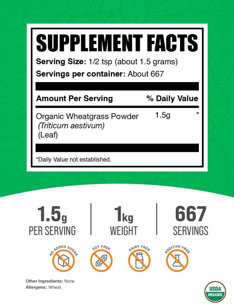 BulkSupplements.com Organic Wheatgrass Powder - Organic Super Greens Powder, Superfoods Supplement - Vegan & Gluten Free, 1.5g per Serving, 1kg (2.2 lbs) (Pack of 1)
