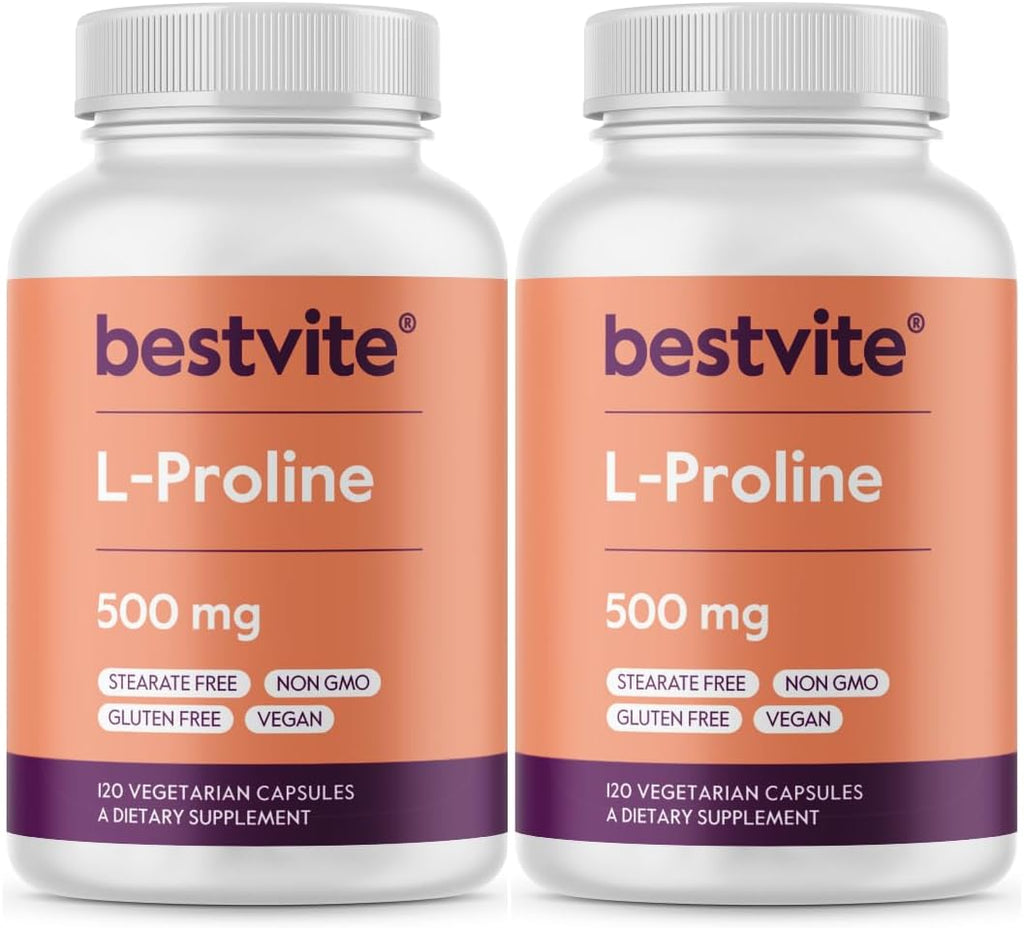 BESTVITE L-Proline 500mg (240 Vegetarian Capsules) (120 x 2) - No Stearates - No Fillers - Vegan - Gluten Free - Non GMO