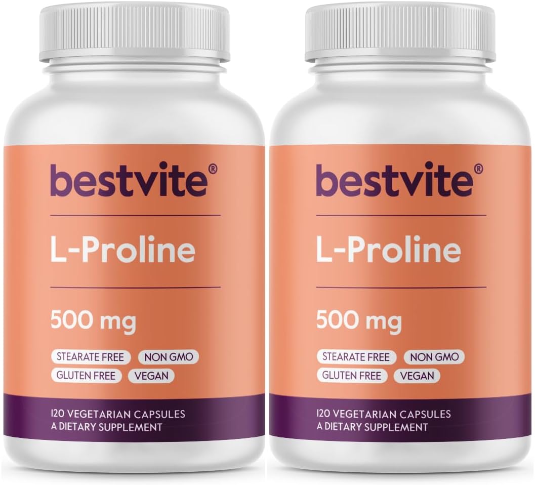 BESTVITE L-Proline 500mg (240 Vegetarian Capsules) (120 x 2) - No Stearates - No Fillers - Vegan - Gluten Free - Non GMO