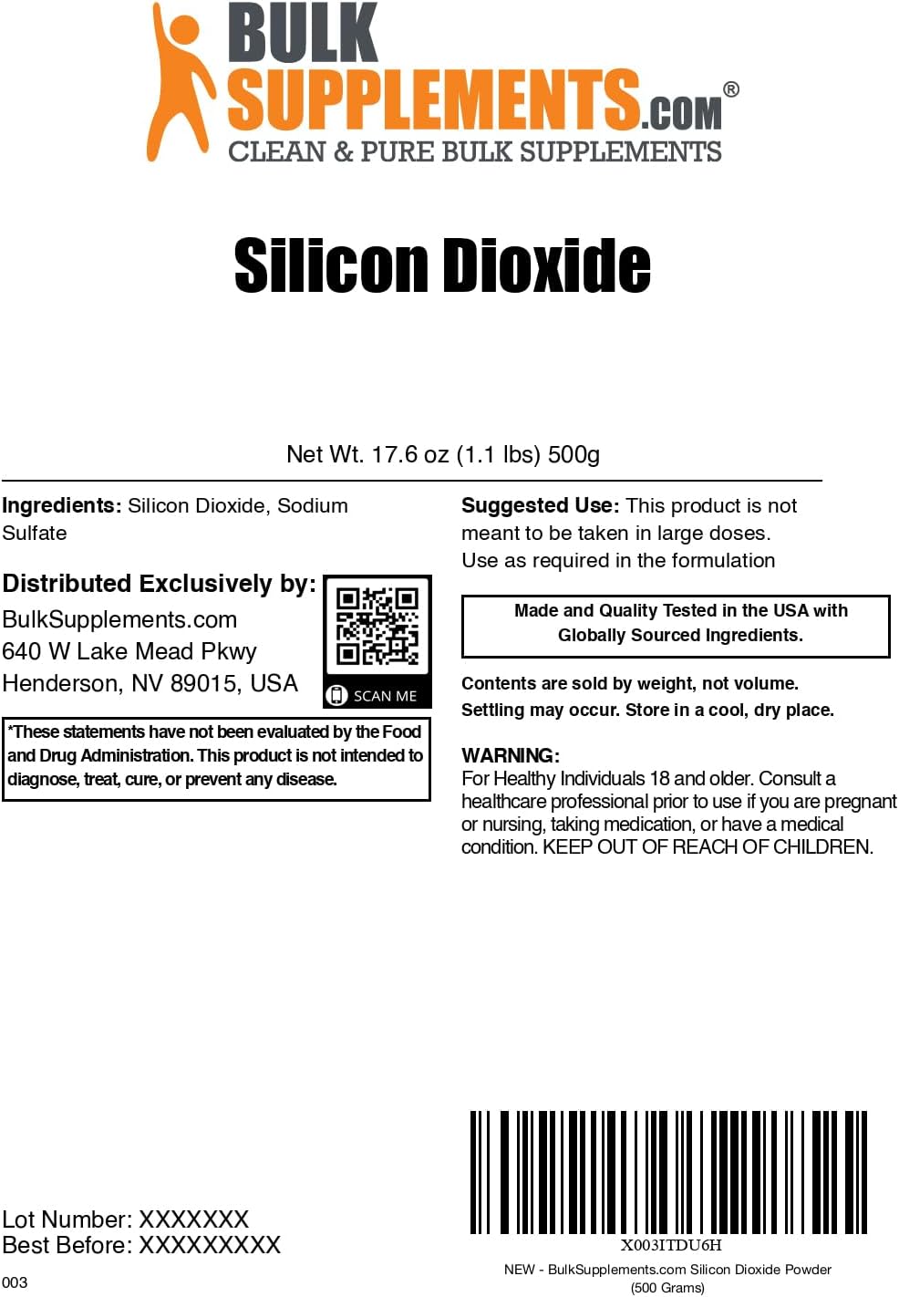 BulkSupplements.com Silicon Dioxide Powder - Silicon Dioxide Food Grade - Additive & Anti-Caking Agent for Capsules, Emulsifier, 500g (1.1 lbs) (Pack of 1)