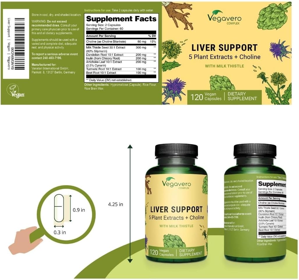 Liver Support | Milk Thistle Supplement 9000mg | 120 Capsules | Dandelion, Artichoke, Choline, Beetroot | Liver Cleanse Detox & Repair | with 80% Silymarin | NO Additive & Vegan