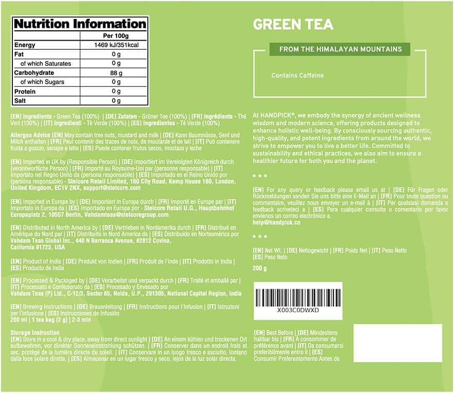 HANDPICK, Organic Green Tea Bags - 100 Eco-Friendly Tea Bags | USDA Organic | Resealable Pack for Freshness | Delicate & Flavory | Direct From India