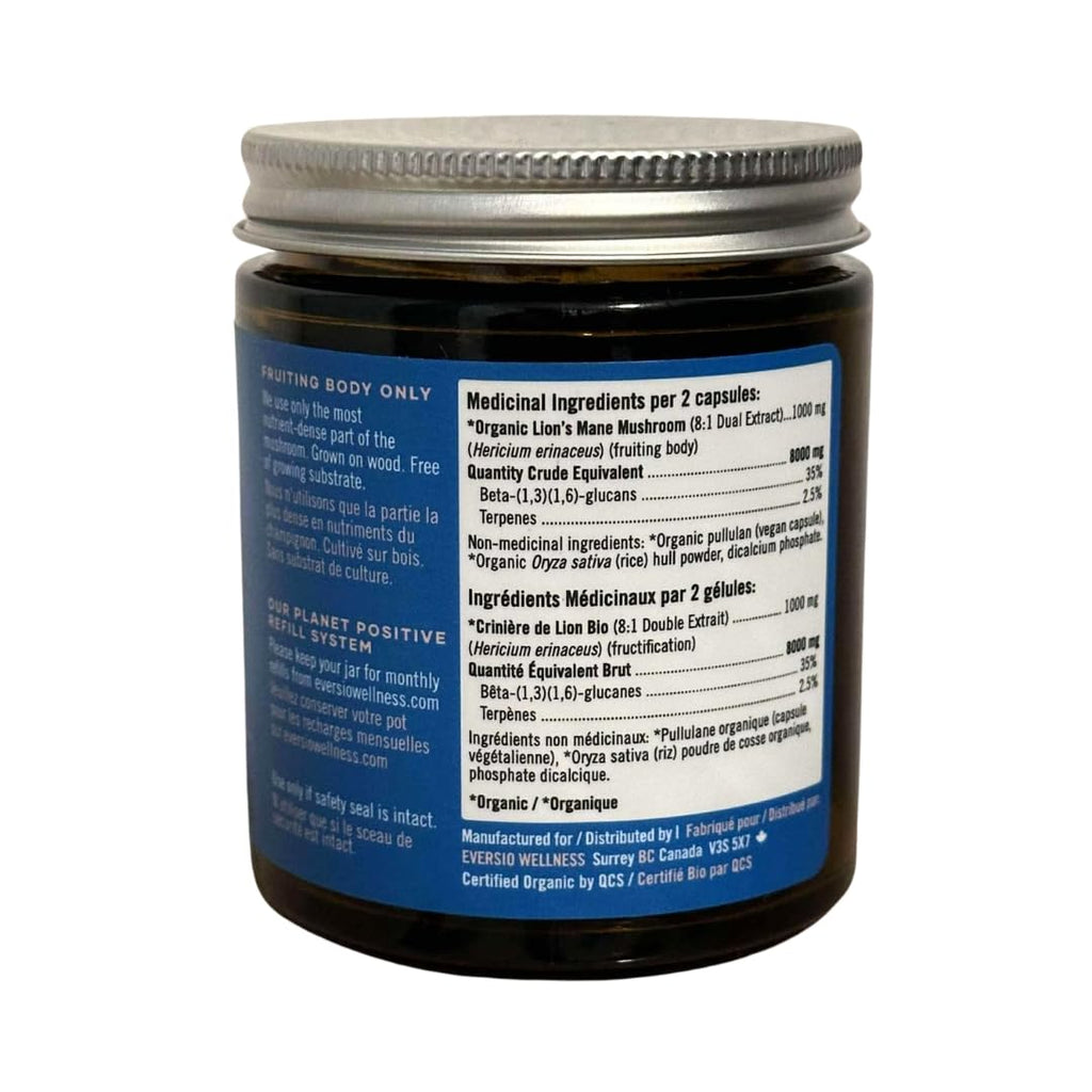 Eversio Wellness Organic Lion’s Mane Mushroom Supplement Focus Now - 8:1 Dual Extract, 500mg, 60 Vegan Capsules, >35% Beta-D-Glucans, Memory & Focus Support
