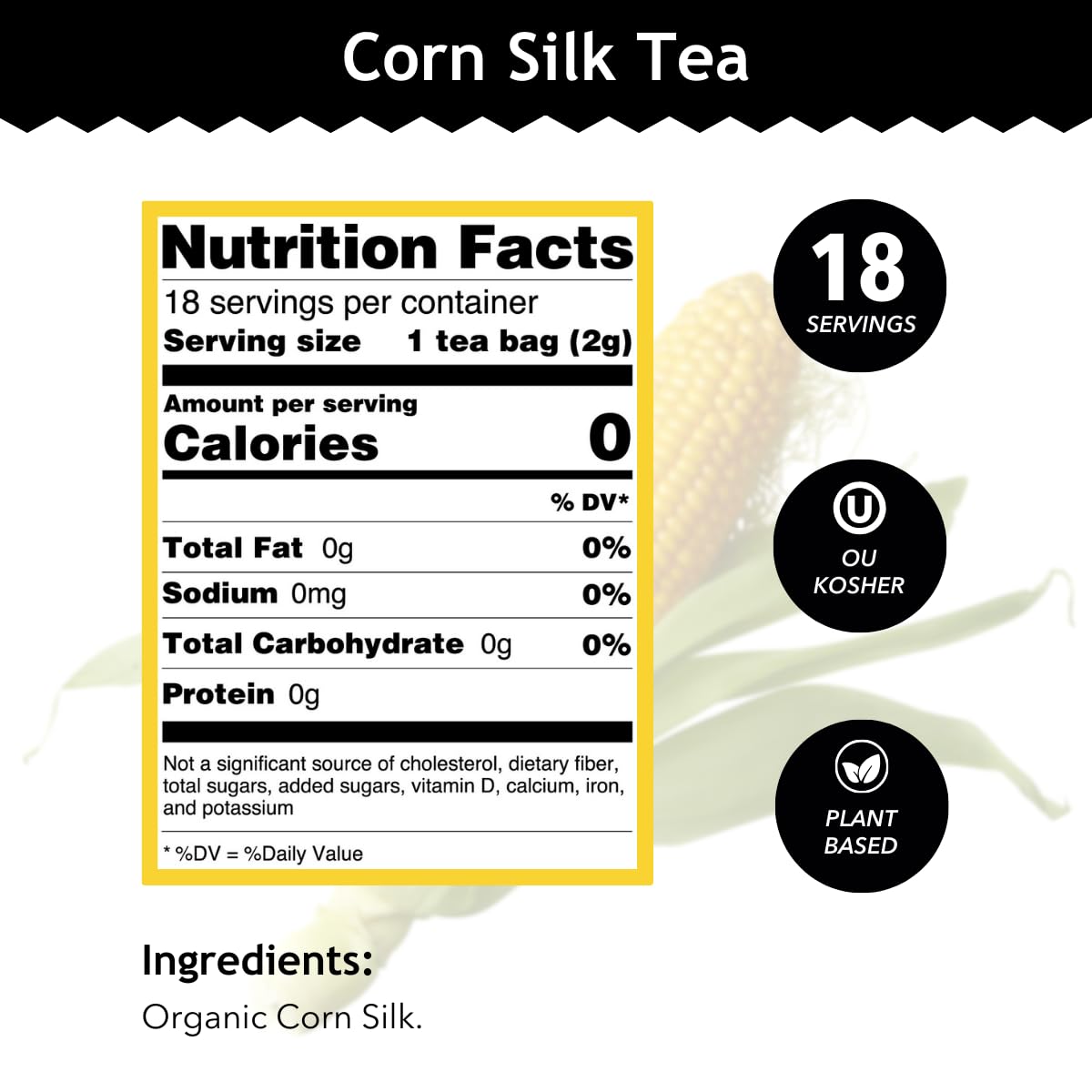 Buddha Teas - Organic Corn Silk Tea - Herbal Tea - For Health & Wellbeing - With Antioxidants & Minerals - Clean Ingredients - Caffeine Free - OU Kosher & Non-GMO - 18 Tea Bags (Pack of 1)
