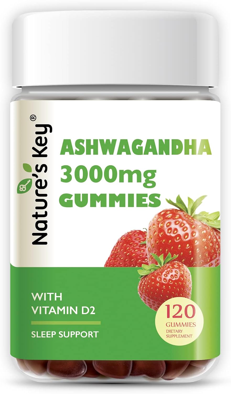 Nature's Key Ashwagandha Gummies, High Potency Ashwagandha Root Extract with Vitamin D2, for Men & Women, Stress, Calm Mood & Cognition, Strawberry Flavor (120 Count (Pack of 1)