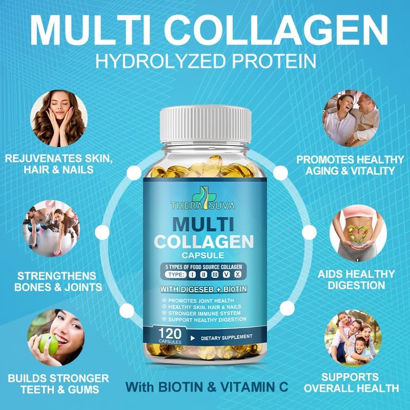 Multi-Collagen Complex + Biotin + Vitamin C – Types I, II, III, V & X – Natural Supplement for Hair, Skin, Nails & Joint Support – 120 Capsules, 60 Day Supply
