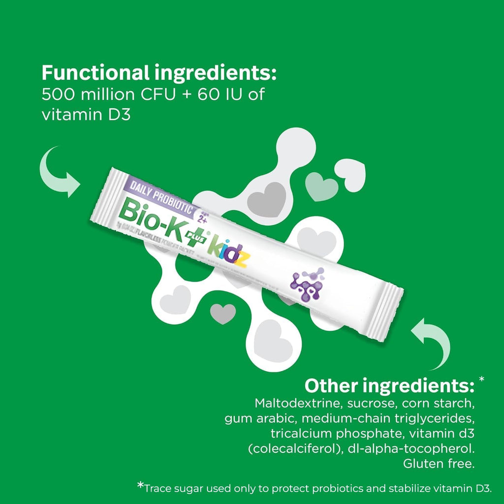 Bio K+ Daily Probiotic for Kids, Probiotic Powder with Limosilactobacillus fermentum LC40® and Vitamin D3, Shelf-Stable, Non GMO, Gluten Free - 28 Single-Serve Packets