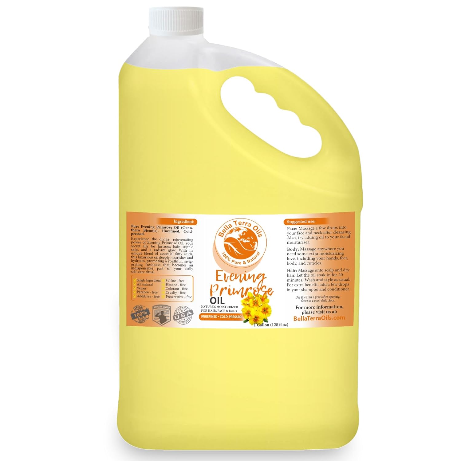 Bella Terra Oils Premium Evening Primrose Oil for Radiant Skin – 1gallon, Deep Hydration, Revitalizing, Quick Absorbing