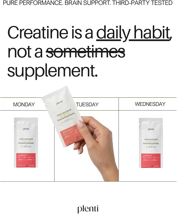 plenti Watermelon Creatine Monohydrate Powder – 30 Individual Sachets – 5g per Serving – Sugar Free