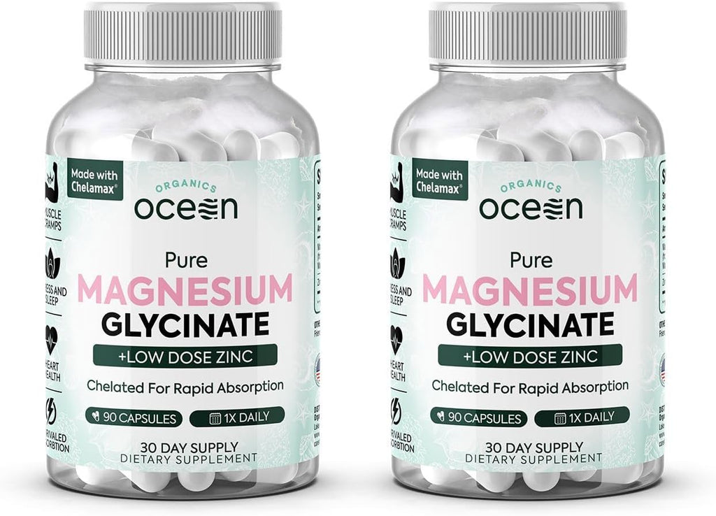 Pure Magnesium Glycinate with Zinc - Maximum Strength Chelated Magnesium Supplement for Women and Men for Muscle Cramps and Sleep Support - 2 Bottles