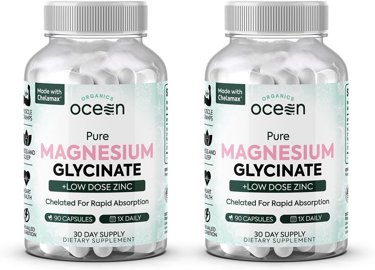 Pure Magnesium Glycinate with Zinc - Maximum Strength Chelated Magnesium Supplement for Women and Men for Muscle Cramps and Sleep Support - 2 Bottles