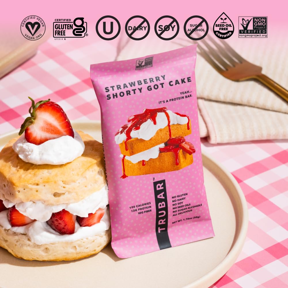 TRUBAR Vegan Protein Bar, Strawberry Shorty Got Cake, Gluten Free, Plant Based Protein, Dairy Free, Non GMO, Soy Free, No Sugar Alcohols, 12G Protein, 12G Fiber, 23G Carb, On the Go Snack Bars, 12 CT