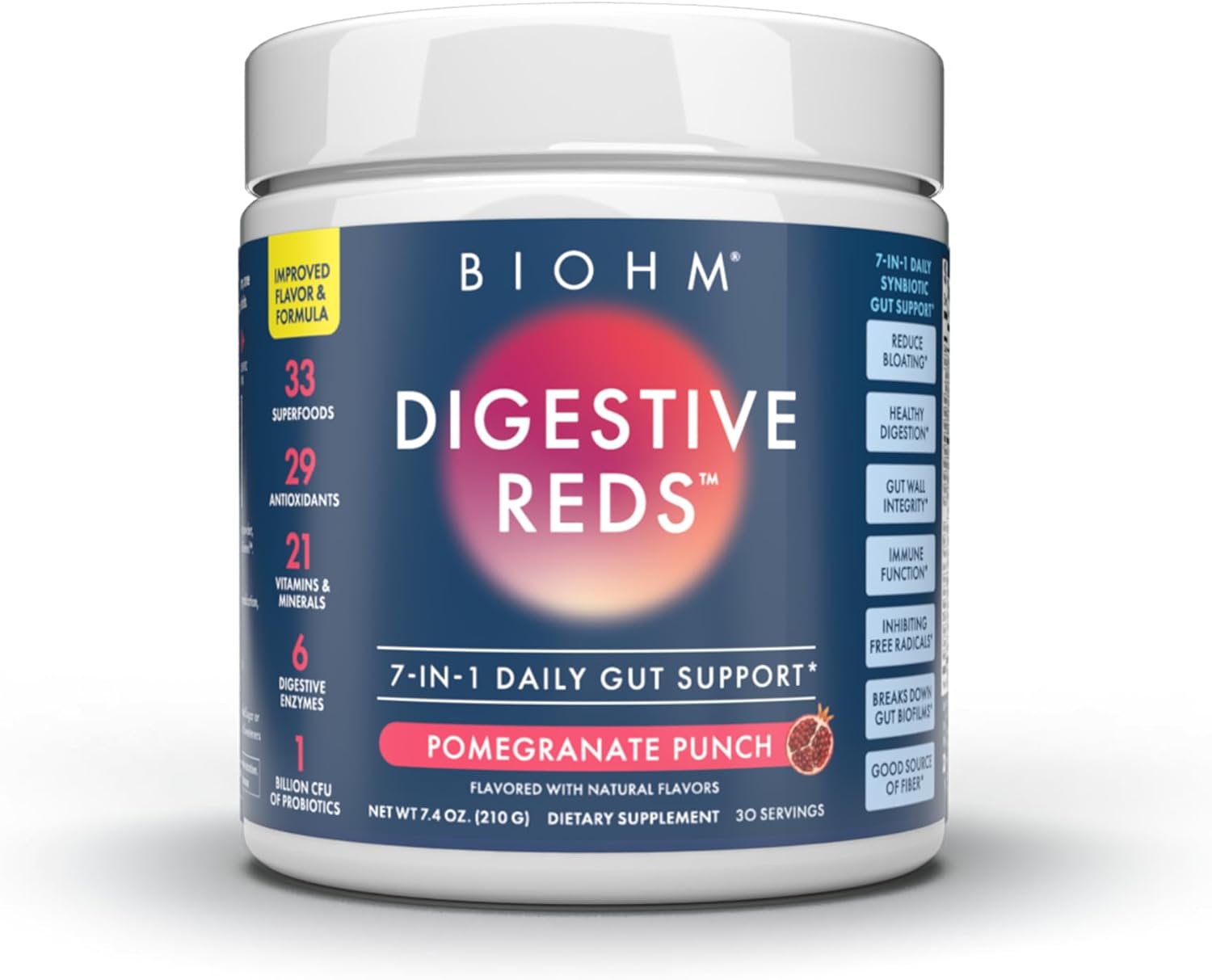 BIOHM Digestive Reds, Superfood Powder (7.4 Oz, 30 Servings) Antioxidants, Vitamins, Probiotics, Digestive Health for Women and Men with Enzymes, Beets, Goji, Pomegrante, Red Berry Flavor