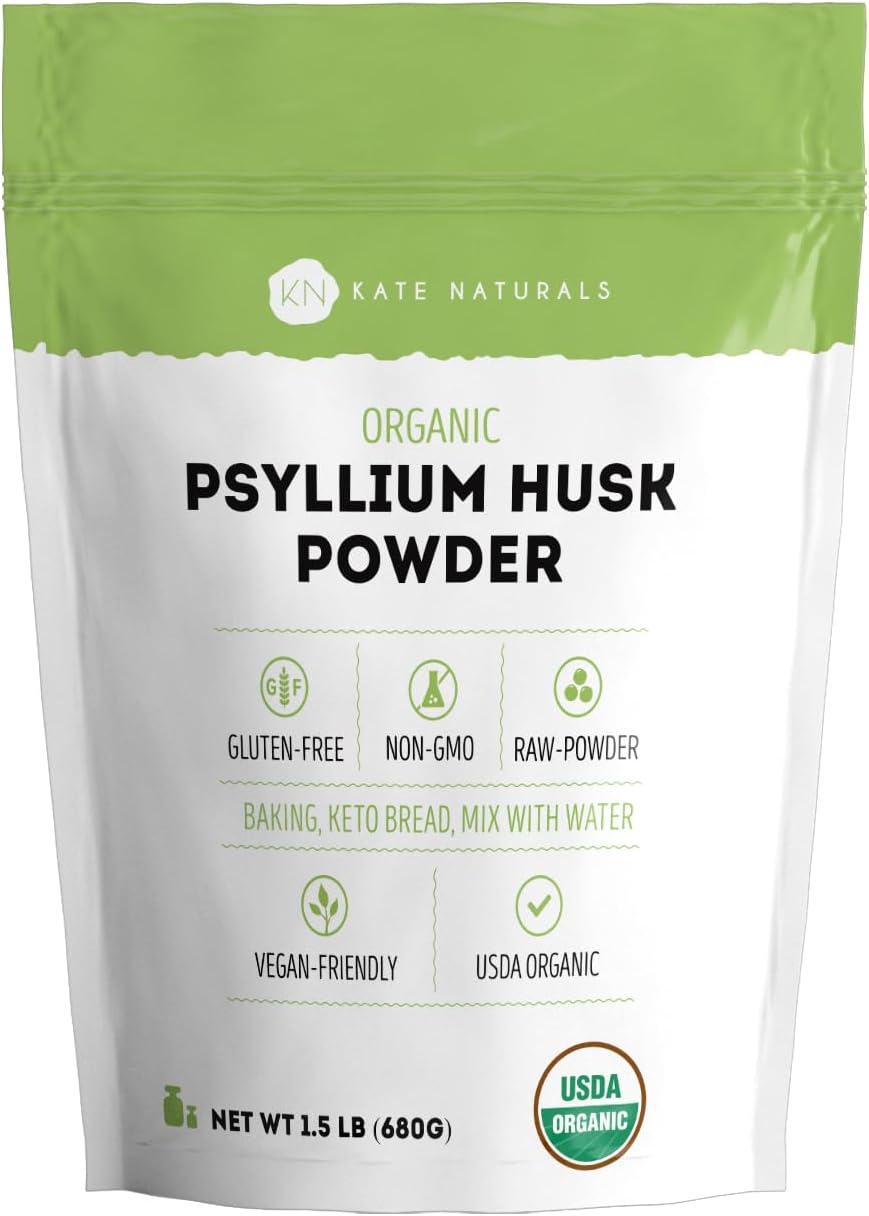 Kate Naturals Psyllium Husk Powder for Baking, Fiber. Psyllium Seed Powder for Dogs & Cats (1.5lb, Organic, Gluten Free, Pet Safe)