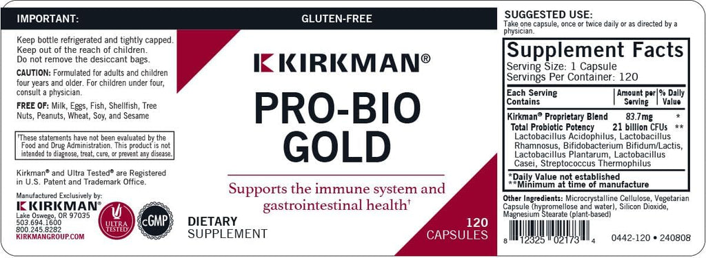 Kirkman - Pro-Bio Gold - 120 Capsules - Supports Immune Health - Digestive Aid with Probiotics - Hypoallergenic