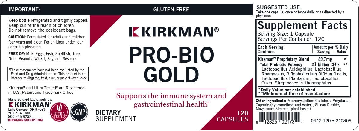 Kirkman - Pro-Bio Gold - 120 Capsules - Supports Immune Health - Digestive Aid with Probiotics - Hypoallergenic