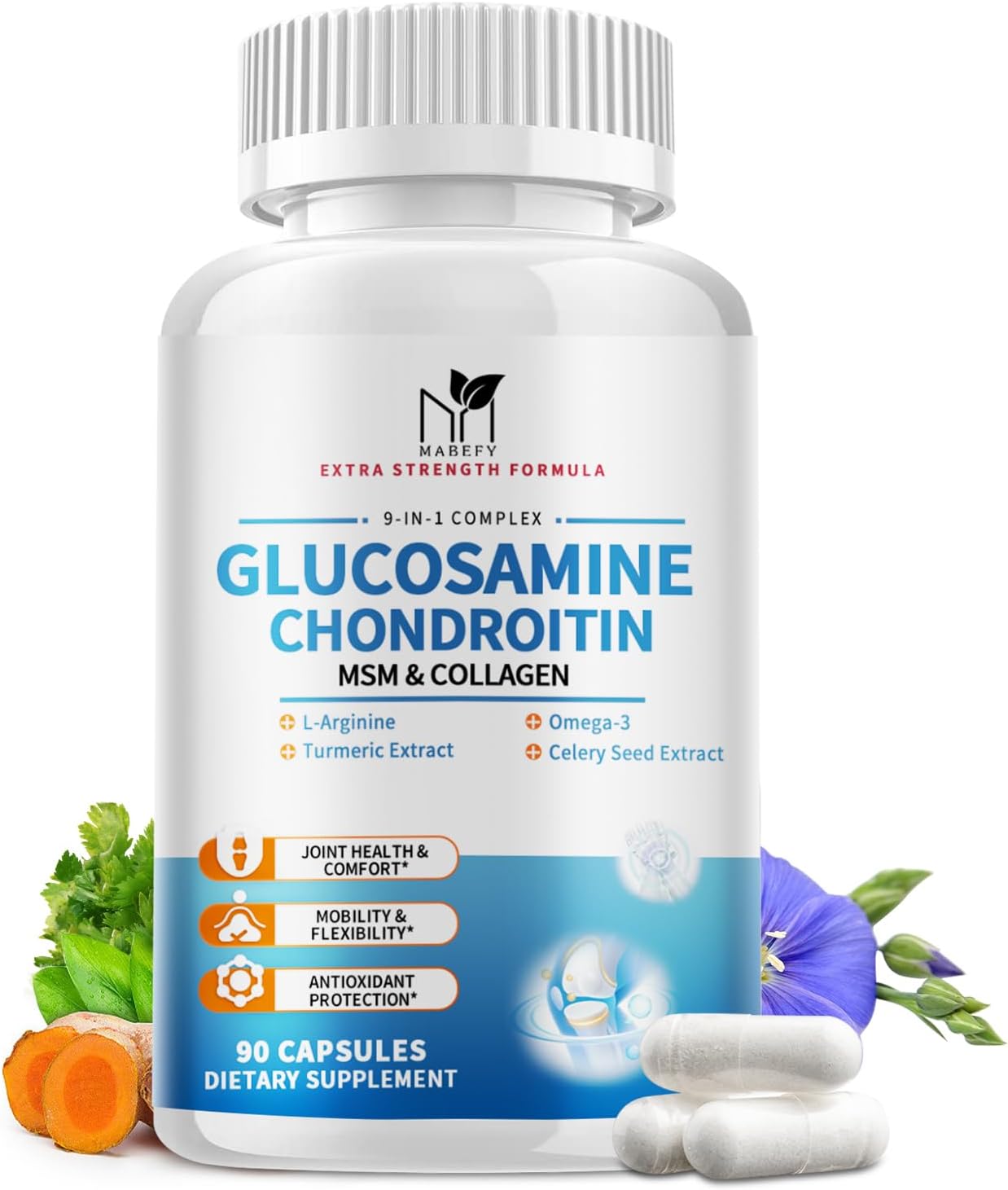 Glucosamine Chondroitin Capsules 1500mg with MSM, Collagen, Turmeric - Joint Support Supplement for Men & Women, Joint Health Antioxidant Support, 90 Capsules
