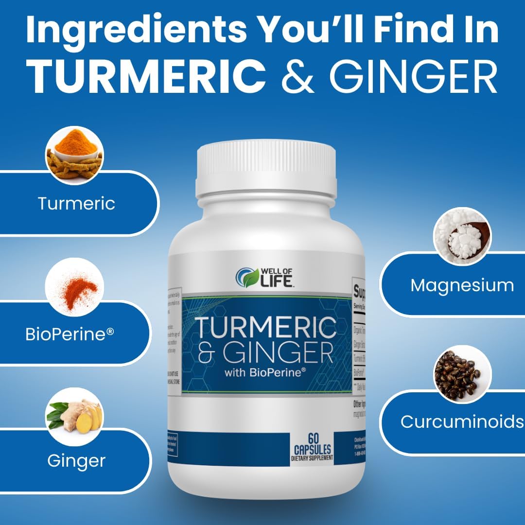 Well of Life: Turmeric & Ginger with BioPerine®: Joint Support - 655mg | 60 Veg Capsules. Helps Immune Function, Digestive Health, and Overall Wellness. Made in USA.