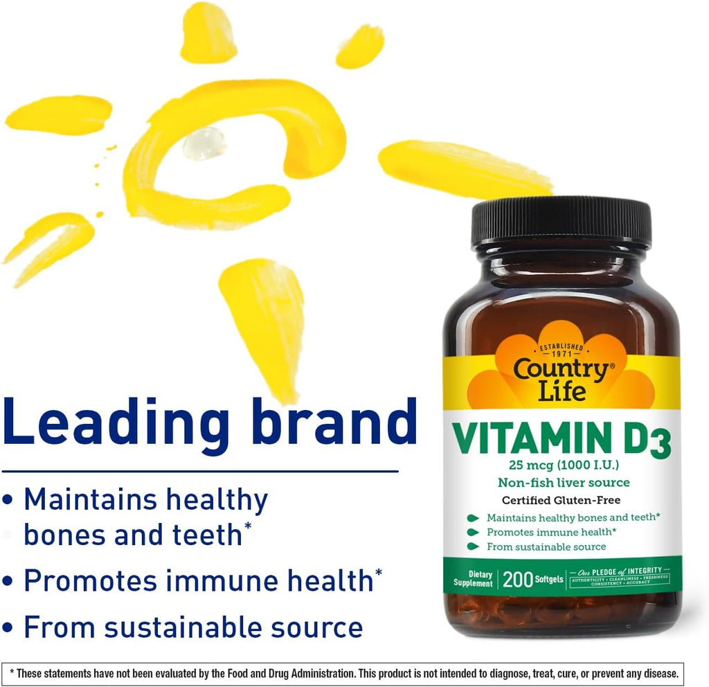 Country Life Vitamin D3 1000 IU Soft Gels, Large, 200 sg, 200 Count