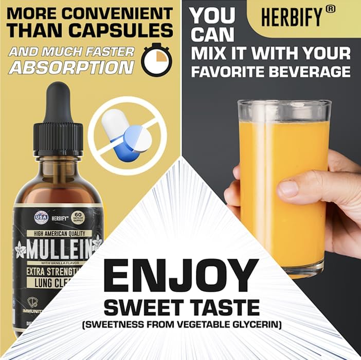 HERBIFY Mullein Drops - Lung Cleanse - Leaf Extract - Powerful Mullein for Immune Support, Detox & Respiratory Support - Made in USA - 4 Oz Vanilla Flavor