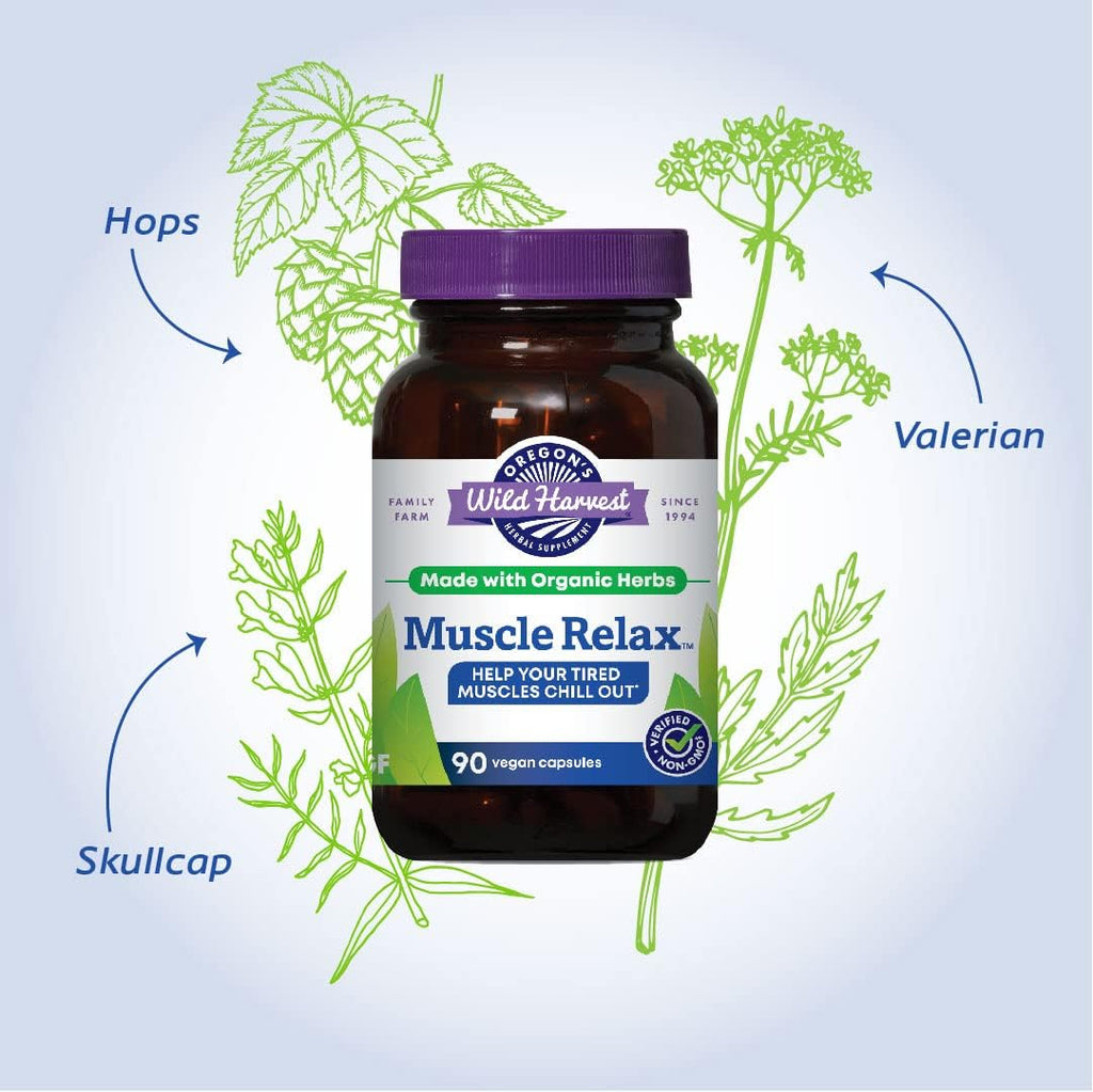 Oregon's Wild Harvest Muscle Relax Organic Herbal Supplement Vegan Capsules with Valerian, Hops and Skullcap