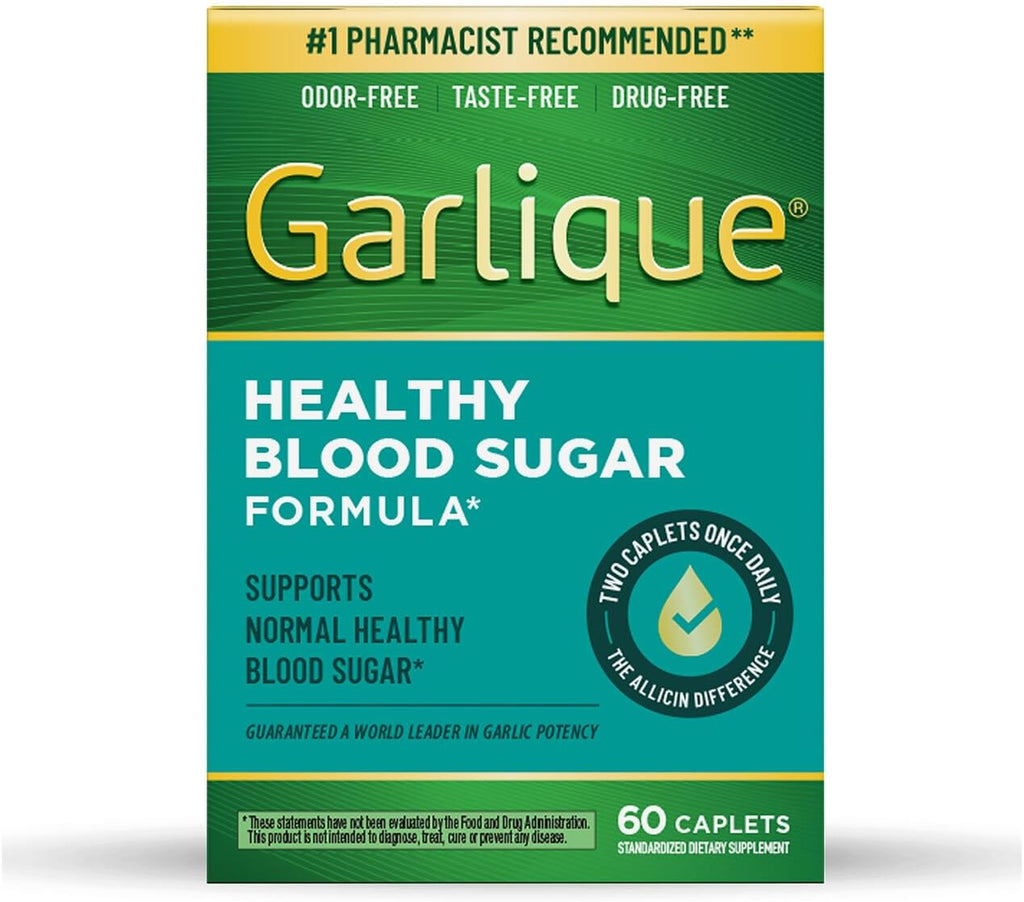 Garlique Garlic Extract Supplement, Healthy Blood Sugar Formula, 6000 mcg allicin, Odorless & Vegan, 60 Caplets