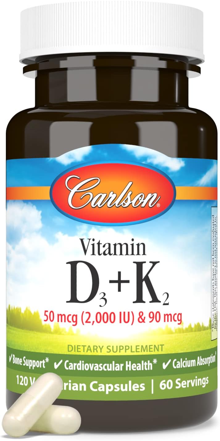 Carlson - Vitamin D3 + K2, 50 mcg (2000 IU) Vitamin D3 & 90 mcg Vitamin K2 as MK7, Bone Support, Calcium Absorption, 120 Capsules