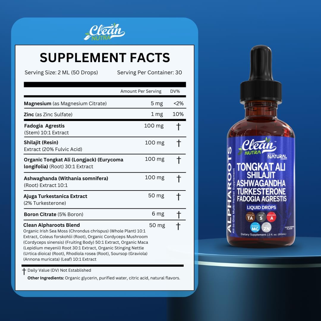 Tongkat Ali Liquid Drops Shilajit, Ashwagandha, Turkesterone, Fadogia Agrestis, Magnesium, Irish Sea Moss, and Zinc Herbal Supplement by Clean Nutra