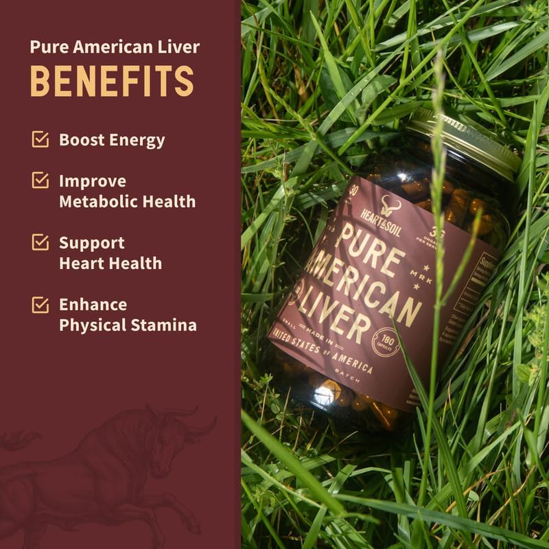 HEART & SOIL – American Liver Supplement – 3000mg Grass-Fed Beef Liver, Rich in Vitamin A, B12, Iron & Peptides – Non-GMO, Allergen-Free – 180 Capsules
