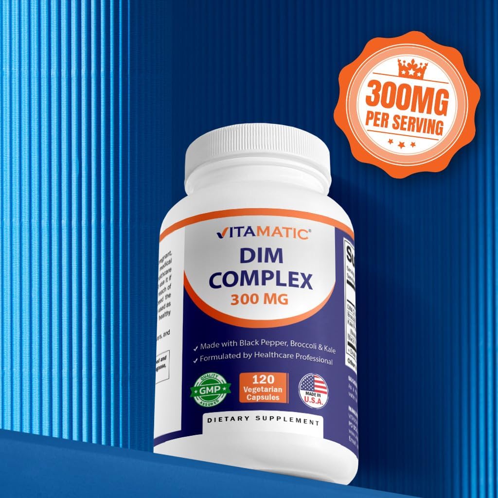 Vitamatic DIM Supplement Complex for Women & Men - 300mg - 120 Veg Capsules - Made with Black Pepper, Broccoli Powder & Kale Powder - Non-GMO & Gluten Free - Supports Hormonal Balance