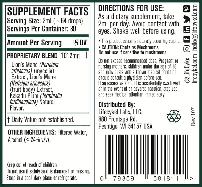Lifecykel - Lion's Mane Mushroom Extract with Kakadu Plum - Brain Booster Nootropic for Memory, Focus & REM Sleep - Non-GMO, Organic Mushroom Tincture - 4 Fl Oz (60 Servings)