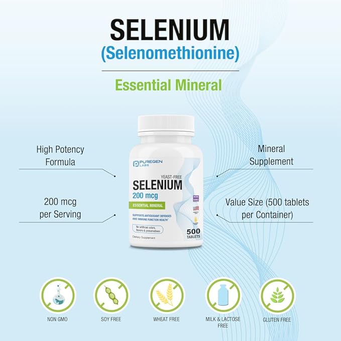 Puregen Labs Selenium 200 mcg Yeast Free Essential Mineral - 500 Vegetarian Tablets | Immune & Antioxidant Support | Non-GMO, Gluten Free