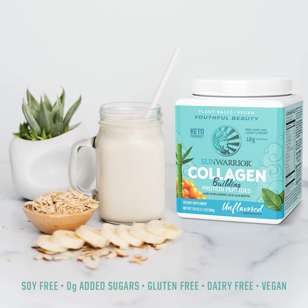 Vegan Collagen Building Powder Protein Peptide with Biotin Vitamin C Hyaluronic Acid Collagen Protein Powder for Hair Skin Nail Dairy Free Gluten Free | Unflavored by Sunwarrior