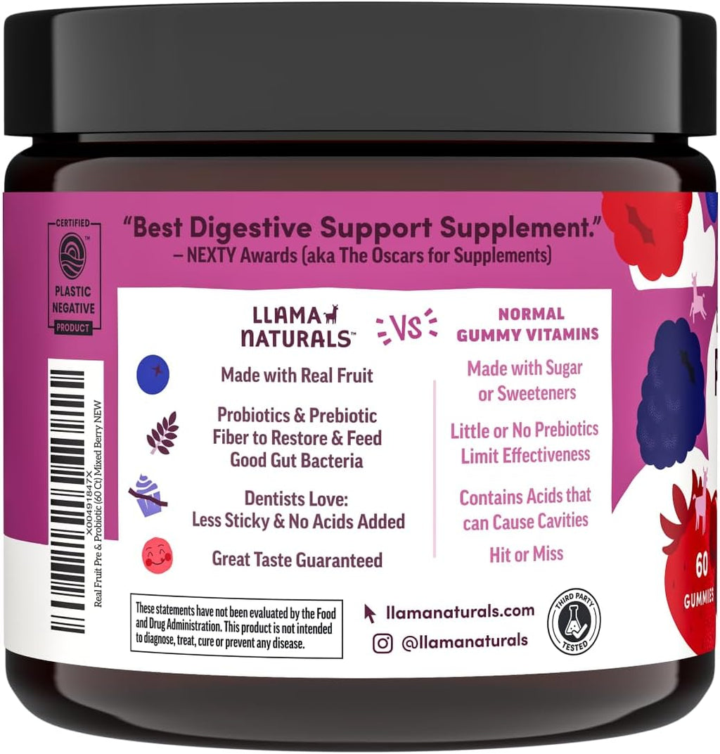 Llama Naturals Probiotics for Women and Men with Prebiotic Fiber, Vegan, Organic, Probiotic Gummies for Gut Health Support, Adults Real Fruit Gummy Vitamins, No Added Sugar Cane, Mixed Berry, 60 Ct